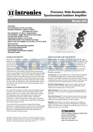 289J datasheet - Precision, Wide Bandwidth, Synchronized Isolation Amplifier