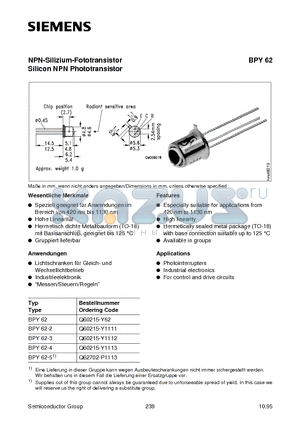 BPY62 datasheet - NPN-Silizium-Fototransistor Silicon NPN Phototransistor