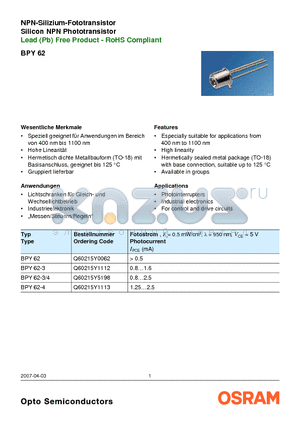 BPY62-3/4 datasheet - Lead (Pb) Free Product - RoHS Compliant