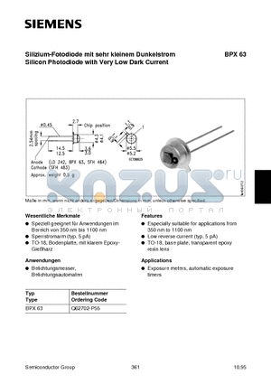 BPX63 datasheet - Silizium-Fotodiode mit sehr kleinem Dunkelstrom Silicon Photodiode with Very Low Dark Current