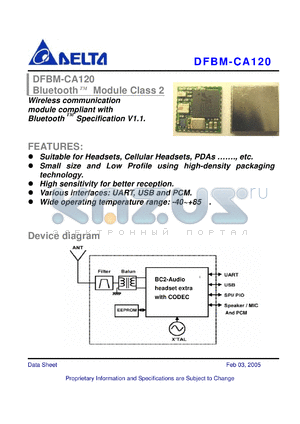 DFBM-CA120 datasheet - Wireless communication module compliant with Bluetooth Specification V1.1.