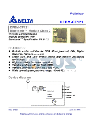 DFBM-CF121 datasheet - Wireless communication module compliant with BluetoothTM Specification V1.1/1.2
