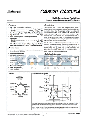 CA3020 datasheet - 8MHz Power Amps For Military, Industrial and Commercial Equipment