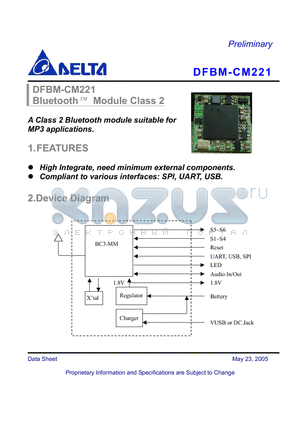 DFBM-CM221 datasheet - A Class 2 Bluetooth module suitable for MP3 applications.