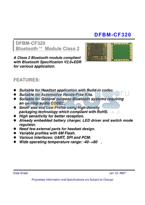 DFBM-CF320 datasheet - A Class 2 Bluetooth module compliant with Bluetooth Specification V2.0EDR for various application