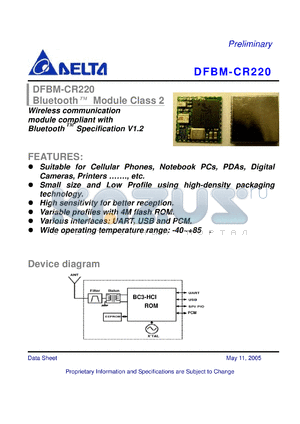 DFBM-CR220 datasheet - Bluetooth Module Class 2 Wireless communication module compliant with Bluetooth Specification V1.2