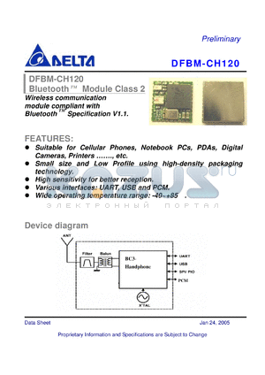 DFBM-CH120 datasheet - Bluetooth Module Class 2 Wireless communication module compliant with Bluetooth Specification V1.1.