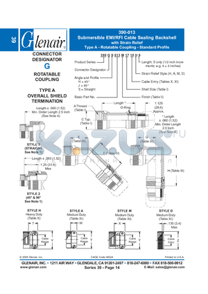 390GH013M14 datasheet - SubmersibleEMI/RFI Cable Sealing Backshell with Strain Relief