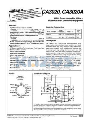 CA3020A datasheet - 8MHz Power Amps For Military, Industrial and Commercial Equipment