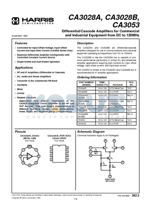 CA3028AE datasheet - Differential/Cascode Amplifiers for Commercial and Industrial Equipment from DC to 120MHz