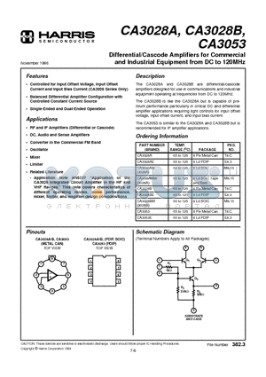 CA3028A datasheet - Differential/Cascode Amplifiers for Commercial and Industrial Equipment from DC to 120MHz