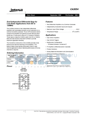 CA3054MZ96 datasheet - Dual Independent Differential Amp for Low Power Applications from DC to 120MHz