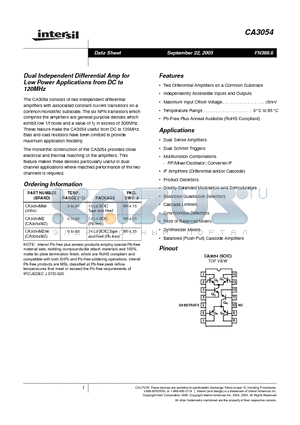 CA3054MZ96 datasheet - Dual Independent Differential Amp for Low Power Applications from DC to 120MHz