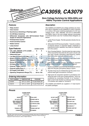 CA3059 datasheet - Zero-Voltage Switches for 50Hz-60Hz and 400Hz Thyristor Control Applications