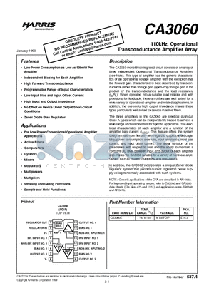 CA3060 datasheet - 110kHz, Operational Transconductance Amplifier Array