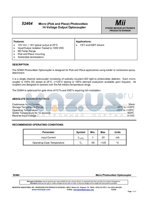 52464 datasheet - Micro (Pick and Place) Photovoltaic Hi Voltage Output Optocoupler