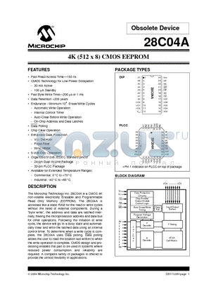 28C04A-15I/L datasheet - 4K (512 x 8) CMOS EEPROM