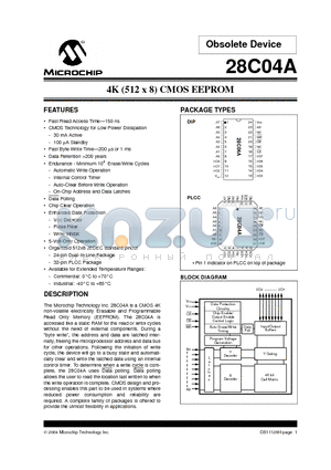 28C04A/L datasheet - 4K (512 x 8) CMOS EEPROM