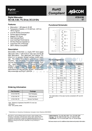 AT20-0106-TR datasheet - Digital Attenuator 50.0dB, 6-Bit, TTL Driver, DC-2.0 GHz