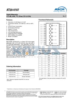 AT20-0107-TR datasheet - Digital Attenuator 31.5 dB, 6-Bit, TTL Driver, DC-2.0 GHz