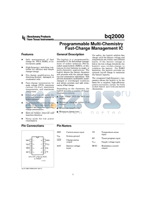 BQ2000 datasheet - Programmable Multi-Chemistry Fast-Charge Management IC