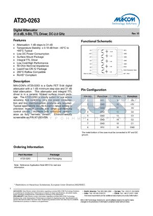 AT20-0263 datasheet - Digital Attenuator 31.0 dB, 5-Bit, TTL Driver, DC-2.0 GHz