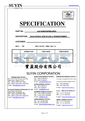 020180MHABRM42RZA datasheet - RJ45STACK USB W/LED & TRANSFORMER