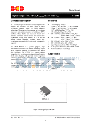 AT2041 datasheet - Higher Surge ITVS, 4 I/Os, CI/O-VSS<1.5pF, with VCC