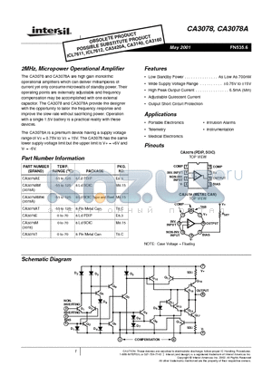 CA3078 datasheet - 2MHz,MicropowerOperationalAmplifier