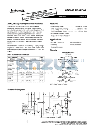 CA3078A datasheet - 2MHz,MicropowerOperationalAmplifier