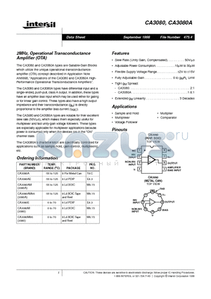 CA3080 datasheet - 2MHz, Operational Transconductance Amplifier (OTA)