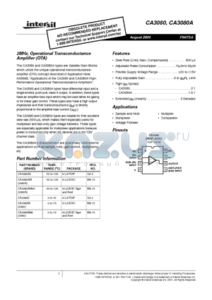 CA3080 datasheet - 2MHz, Operational Transconductance Amplifier (OTA)