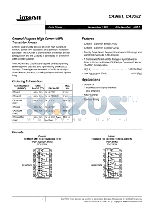 CA3081F datasheet - General Purpose High Current NPN Transistor Arrays