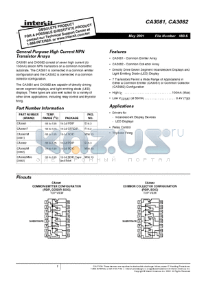 CA3081M datasheet - General Purpose High Current NPN Transistor Arrays