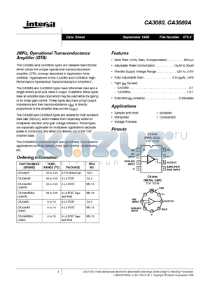 CA3080M datasheet - 2MHz, Operational Transconductance Amplifier (OTA)