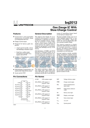 BQ2012 datasheet - Gas Gauge IC With Slow-Charge Control