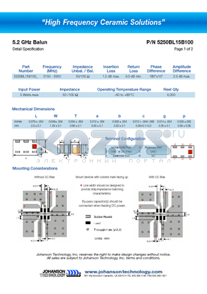 5250BL15B100 datasheet - 5.2 GHz Balun