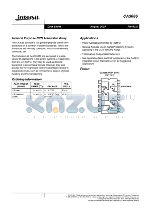 CA3086 datasheet - General Purpose NPN Transistor Array