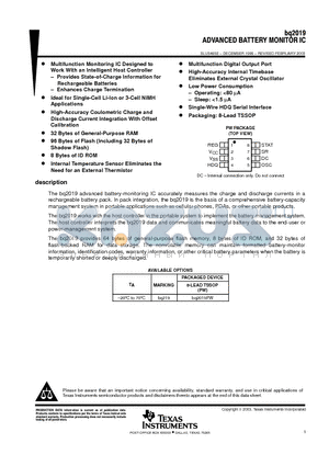 BQ2019 datasheet - ADVANCED BATTERY MONITORIC