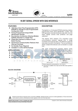 BQ2022 datasheet - 1K-BIT SERLAL EPROM WITH SDQ INTERFACE