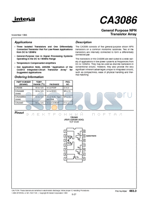 CA3086M96 datasheet - General Purpose NPN Transistor Array