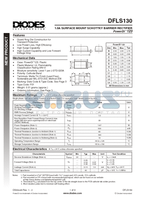 DFLS130-7 datasheet - 1.0A SURFACE MOUNT SCHOTTKY BARRIER RECTIFIER