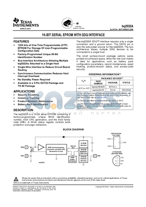 BQ2022A datasheet - 1K-BIT SERIAL EPROM WITH SDQ INTERFACE