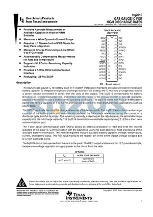 BQ2016 datasheet - GAS GAUGE IC FOR HIGH DISCHARGE RATES