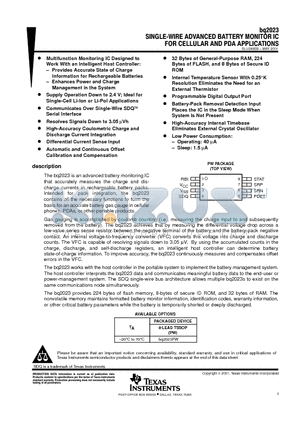 BQ2023 datasheet - SINGLE-WIRE ADVANCED BATTERY MONITOR IC FOR CELLULAR AND PDA APPLICATIONS