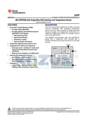 BQ2028YZGT datasheet - 4Kb EEPROM with Single-Wire HDQ Interface and Temperature Sensor