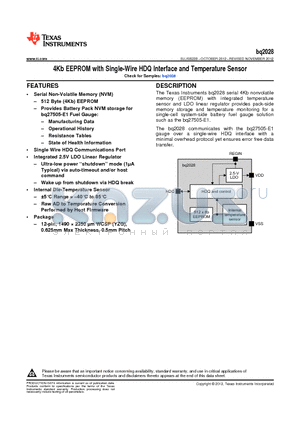 BQ2028 datasheet - 4Kb EEPROM with Single-Wire HDQ Interface and Temperature Sensor