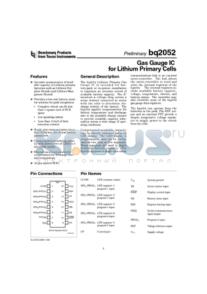 BQ2052 datasheet - Gas Gauge IC for Lithium Primary Cells