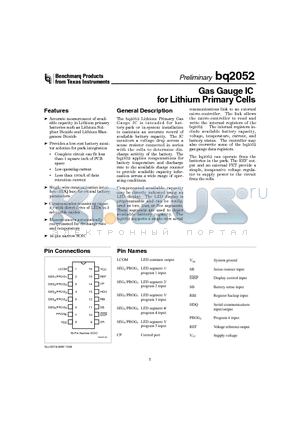 BQ2052SN datasheet - Gas Gauge IC for Lithium Primary Cells