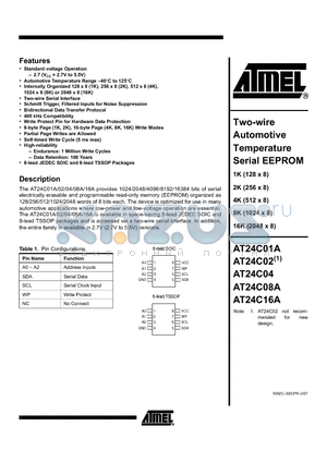 AT24C01A datasheet - Two-wire Automotive Temperature Serial EEPROM